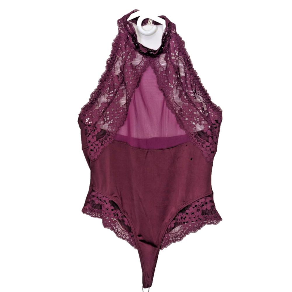 Women's Lace Teddy Halter High Neck Thong Bodysuit Large Maroon Sexy Lingerie